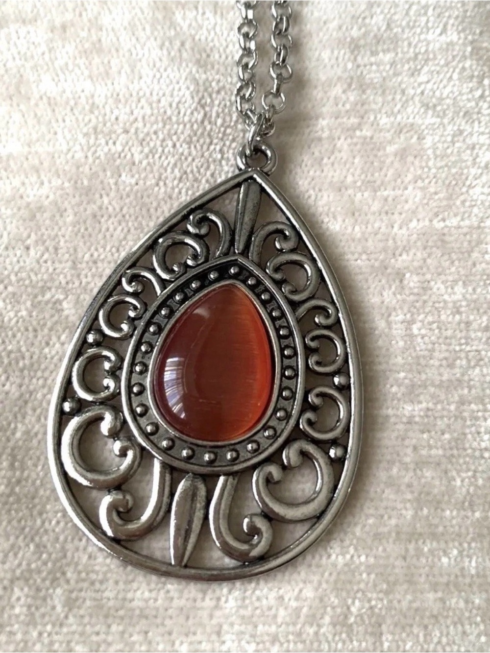 Vintage Silver Filigree Teardrop Pendant Necklace Orange Cats Eye Long Boho